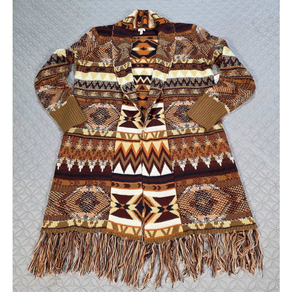 NEW Reba Womens Southwestern Fringe Longline Cardigan Sweater Brown Geometric M - Picture 7 of 10